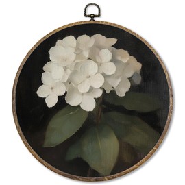 FUGWN Vintage Hydrangea Floral Round Wall Art Decor Framed, Dark Cottagecore White Hydrangea Floral Canvas Artwork Prints, Flower Wall Hanging Decorations for Home Bedroom Living Room, 10x10 Inch