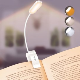 Gritin 16 LED Rechargeable Book Light for Reading in Bed- Eye Caring 3 Color Temperatures, Stepless Dimming Brightness, 80 Hrs Runtime, Lightweight Flexible Clip on Light for Book Lovers-White