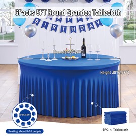 leegleri 6 Pack Royal Blue 60inch Spandex Round Tablecloths, Stretchy 120inch Fitted 5FT Round Table Cloths, Wrinkle Free Table Cover with Skirt for Wedding Party Dining Banquet
