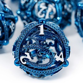 Metal DND Dice Set - Unique Round Hollow Orb Design for Better Rolling - Beautiful Dragon Metal Dice Set for Role Playing Games (RPG) - Stunning D&D Dungeons and Dragons Dice Set (Blue)