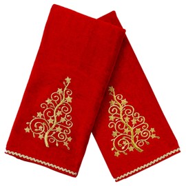 Serafina Home Holiday Christmas Bath Hand Towels, Embroidered Gold Xmas Tree on Red, 2 Piece Set, 16 x 25 inches, 100% Cotton
