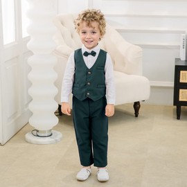 Volunboy Baby Boys Gentleman Suit, Toddler Formal Waistcoat Outfit Wedding Shirts + Vest +Bow Tie 4 PCS Set(Deep Green,3-4 Years,Tag Size 110)