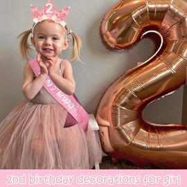 Exacoo Two Sweet Birthday Decorations 2nd Birthday Gifts for Grls Crown Headband and Sash Set 2nd Birthday Decorations Outfit for Girl Pink Pastel Ice Cream Party Decorations Hair Accessories