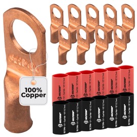 SELTERM 10pcs - 8 Awg - 3/8" Stud - Battery Lugs - Ring Terminal Connectors | with 12pcs 3:1 Black & Red Heat Shrink Tubing with Adhesive | Heavy Duty Battery Cable Ends - Bare Copper Wire Lugs Kit