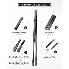 2 Pcs 25.5cm Cooking Tweezers Tongs Precision Serrated Tips, Stainless Steel Professional Chef Tweezer Kitchen Tools for BBQ, Plating and Serving (Black)