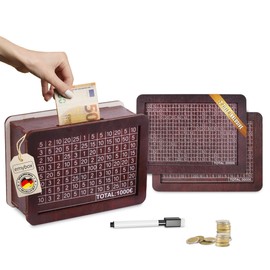 emybox® Money Box (with 3 Targets) - Wooden Money Box with Numbers to Check with Target (€1000, €2000, €3000) and Pen. 18 x 13 x 7 cm