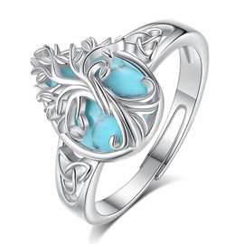 EUDORA Harmony Ball 925 Sterling Silver Turquoise Tree of Life Ring for Women Men, Adjustable Teardrop Crystal Tree Open Band Rings Protection Amulet Jewelry Gift for Mom