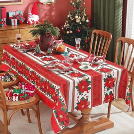 Christmas Red Tablecloth Rectangle, Vintage Poinsettia Table Cloth with Flower Pattern, Heavy Duty & Water Resistant Tablecloths for Christmas, Holiday, Winter Indoor and Outdoor Use 60×84 Inch