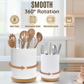 NURTURE KNOTS 2 Pack Ceramic Utensil Holder, 7.3"+5.4" Large kitchen utensils holder for Countertop, 360° Rotating Cooking Utensil Crock for Kitchen Counter with Detachable Wooden Base, Kitchen Décor