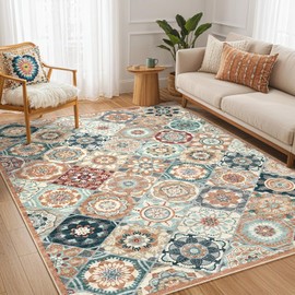 Area Rug 5X8 Living Room Rugs-Large Boho Moroccan Machine Washable Low Pile Stain Resistant Rug Soft Non Slip Neutral Farmhouse Indoor Floor Carpet for Bedroom Kitchen Dining Room Office,Beige