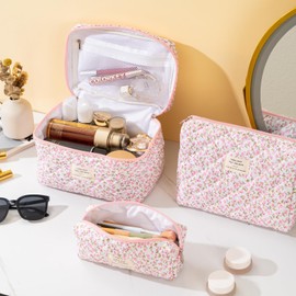 UUYUUY Quilted Cotton Makeup Bag, Pink Floral D, Literature and Art