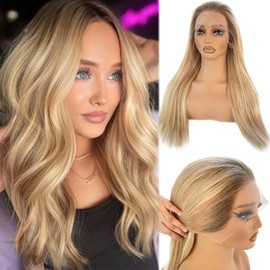 Balayage Highlight Lace Front Wig Human Hair for White Women 4T12/613 13x4 HD Lace Frontal Wigs Pre Plucked 180% Density Chocolate Brown to Bleach Blonde Highlights Brazilian Human Hair Wigs 18 Inch