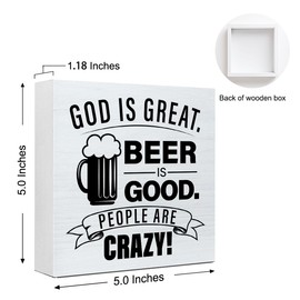 WUZYOU God is Great Beer is Good People are Crazy Sign, Rustic Religious Motivational Wood Box Sign, Christian Desk Shelves Wall Decor for Living Room Bedroom 5x5x1 INCH