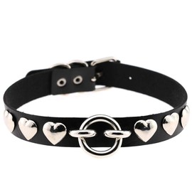 P-Rize Women's Choker Necklace, Heart, Studded & Ring, Leather, Punk Rock, V-Series, Visual Gothic Costume, Cosplay, Harajuku Style, Metal