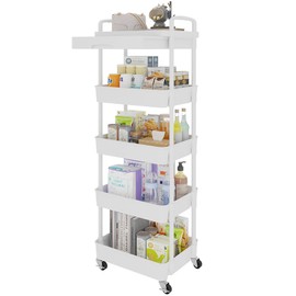 Calmootey 5-Tier Rolling Utility Cart with Drawer,Multifunctional Storage Organizer with Plastic Shelf & Metal Wheels,Storage Cart for Kitchen,Bathroom,Living Room,Office,White