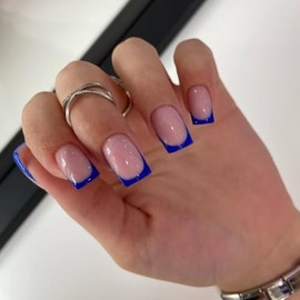 SXVME 30 uñas postizas acrílicas de punta francesa azul real, cortas y cuadradas, con pegamento para mujeres, en 15 tamaños.