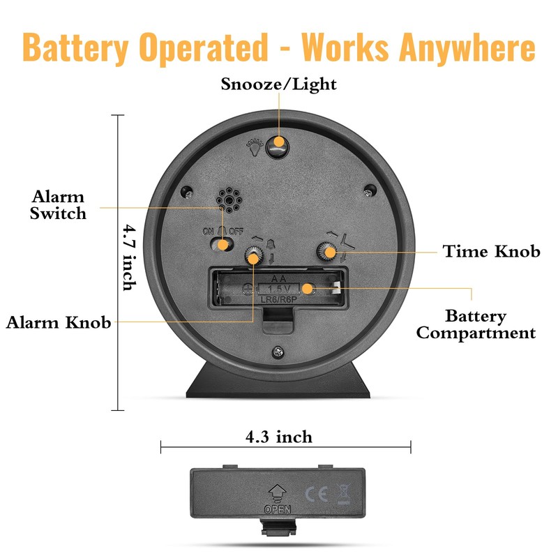 4.5 Inch Small Silent Analog Alarm Clock, Retro Battery Operated