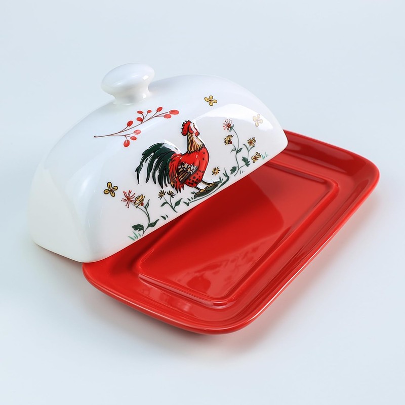 Sizikato Classic Porcelain Butter Dish with Lid, Beautiful Rooster Pattern