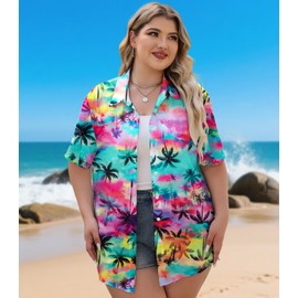 Plus Size Women Hawaiian Shirt Soft Cool Summer Hawaii Shirts Floral Tropic Print V Neck Button Down Shirts Beach Tops Green Pink