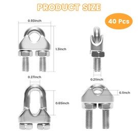 40 Pcs Wire Clamps for Cables, 304 Stainless Steel Small Wire Rope Clips, 0.1"-0.65" Clamping Range, 0.21" Thread Diameter, Non-Slip Grooved Design, for Marine, Automotive, and Outdoor Use (M6)