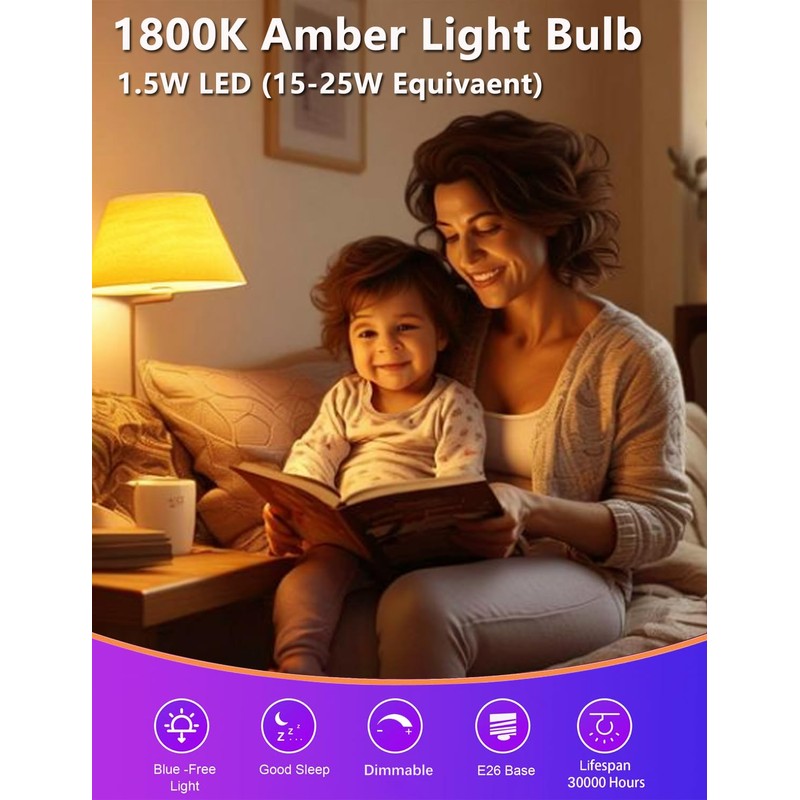 Amber Sleep Light Bulb Dimmable, Blue Light Blocking, A15 E26