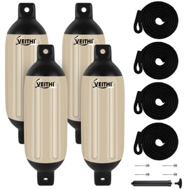 VEITHI Boat Fenders 4 Pack 6.5 x 23 inch,Ribbed Twin Eyes Vinyl Boat Bumpers Fenders,Boat Bumpers for Docking Come with Ropes Needles and Pump to Inflate,Pontoon Boat Fenders for Docking - Sand/Black