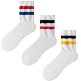 Cotton Retro Striped Quarter Socks, Thick Cushioned Mini Crew Calf Ankle Athletic Socks Women & Men (3 Pairs, Multicolor 2)