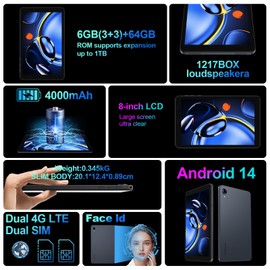 redbeat Android 14 Tablets 8 inch Tablet with Keyboard, 4G LTE Dual SIM, 6GB RAM 64GB ROM (Expandable to 1TB), Dual Camera, HD Display, C1 Kids Tablet with Leather Case, Mouse and Stylus