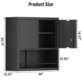 IRONFFICE Garage Wall Cabinet,Metal Locking Wall Cabinets with Adjustable Shelf,Lockable Storage Cabinet for Garage,Warehouse,Office,Black