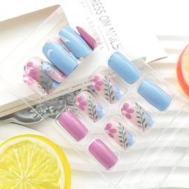 Press on Nails Medium Square Acrylic Nails Press ons Purple and Blue Full Cover Fake Nails Flower Leaf Glue on Nails Glossy Artificial Stick on Nails for Women and Girls 24Pcs