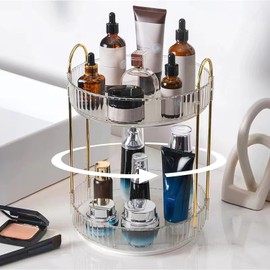 Organizador De Maquillaje De 2 Niveles Giratorio 360 Grados，Organizador De Maquillaje Transparente De Gran Capacidad Para Mesa,Encimera De Baño, Tocador