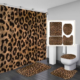 Camille&Andrew 4PCS/Set Leopard Print Shower Curtain, Safari African Wild Animal Fur Jaguar Cheetah Skin Pattern Bathroom Decor, Waterproof Fabric Bath Curtain, Non-Slip Bath Rugs Toilet Mats, Brown