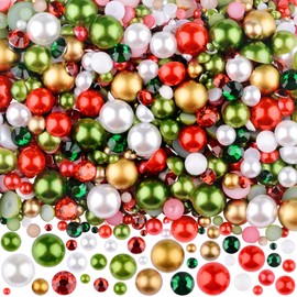 Kikonoke 75g Mix Resin Pearls Rhinestones Kit, 3-10mm Half Pearls and 2-6mm Flatback Rhinestones for Nail Art Decoration Shoes Clothes Tumblers Scrapbooking Craft DIY (Christmas)