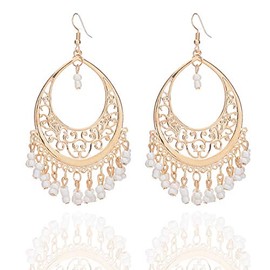 Bohemian Chandelier Coin Sequins Dangle Drop Earrings Ethnic Gypsy Beads Tassel Hoops with Disc Charms Boho Ear Jewelry Women-white beads