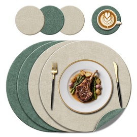 KERYCHIN Round Leather Placemats(38cm) and Coasters(10cm) Set of 4, Heat-Resistant 212°F Place Mats, Non-Slip ＆ Wipeable, Table Mats for Home, Hotel, Kitchen, Restaurant, Dining Table, (Green/Cream)