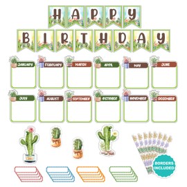 Decorably 77 Pcs Cactus Birthday Bulletin Board with Borders - Cactus Themed Classroom Decor, Cactus Bulletin Board Decorations, Cactus School Decor, Birthday Bulletin Board Set for Classroom