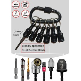 Push Unlock Bit Holder Keychain - 6PC 1/4" Hex Quick Release Adapter with Carabiner Clip for Screwdriver & Drill Bits (Black)