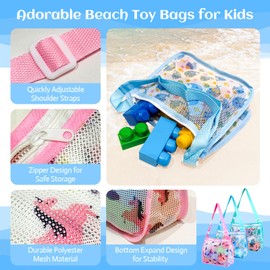 3-Pack Mesh Beach Bags for Kids with Adjustable Strap & Zipper Closure, Seashell Beach Toy Bag Tote for Boys & Girls, Pool Toy Storage, Water Park Essentials, Swim Class Gear & Summer Camp Accessories