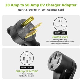 Portvoi NEMA 6-30P to 14-50R EV Charger Adapter Cord for Level 2 Charging, 30 Amp 3-Prong Welder Outlet to 50 Amp 4-Prong EV Charger Plug, Heavy Duty 10 AWG, 250V, ETL Listed, 1FT