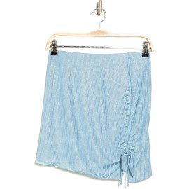 Show Me Your Mumu Dazy Ruched Mini Skirt Blue Shiny Ribbed Tie Cinched Medium