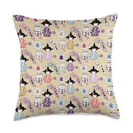Creativemotions Japanese Dolls-Kokeshi and Maneki Neko Cats Throw Pillow, 18x18, Multicolor