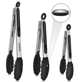 Eddeas Kitchen Tongs with Silicone Tips, Tongs for Cooking Heat Resistant 600 Degrees Stainless Steel Locking Tong - 7" 9" & 12 inch Silicone Tong Non-Stick, Black Set of 3