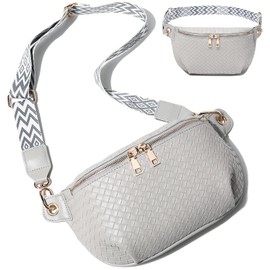 Small Crossbody Bag for Women Trendy - PU Leather Fanny Pack Belt Bag Stylish Sling Bag Chest Shoulder Purse Woven Bum Bag Travel Waist Bag with Adjustable Wide Guitar Strap - Gray