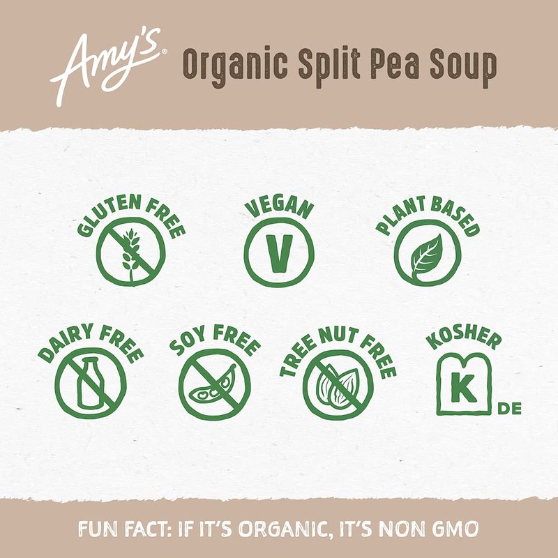Amy's Soup, Vegan Split Pea Soup, Gluten Free, Made With