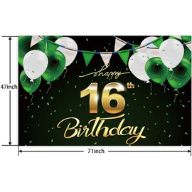 Happy 16th Birthday Black Banner Backdrop Background Photo Booth Props Green White Balloons Theme Decor for Sixteenth Year Anniversary 16 years Old Birthday Party Favors Supplies Decorations