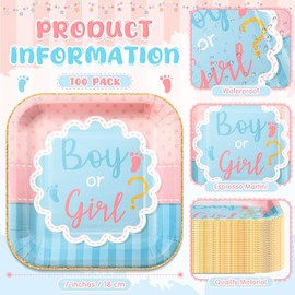 Potchen 100 Pcs Gender Reveal Dessert Plates Bulk 7 x 7 Inch Disposable Boy or Girl Gender Reveal Paper Plates for Baby Shower Birthday Party Decor Supplies | Potchen