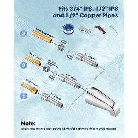 Bathtub Spout Without Diverter, 5.3", All Metal 304 Stainless Steel, Fits 1/2" Copper Slip-On and 1/2" or 3/4" IPS Threaded Pipes, Leak-Free Design, Easy Installation, Universal Fit, Chrome