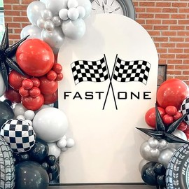 Fast One Racing Checkered Flag Birthday Party Backdrop, Round Arch Wall Sticker, Round Arch Sticker, Birthday Party Supplies，Black and White