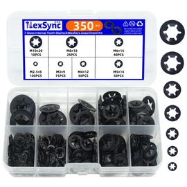 NexSync 350PCS 65Mn Steel Internal Tooth Star Lock Washers Kit - M2.5/M3/M4/M5/M6/M8/M10 Black Oxide Quick Speed Clips, Rust-Resistant Fasteners for Automotive & Machinery Repair