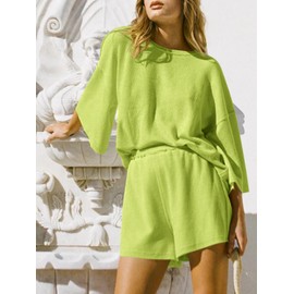 Tankaneo Womens Short Sets 2 Piece Outfits 3/4 Sleeve Tops and Elastic Waist Shorts Lounge Set Casual Loungewear